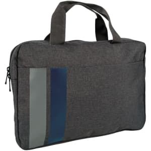 A grey satchel with a structured design, featuring three vertical stripes in green and blue. It has a logo on the front.