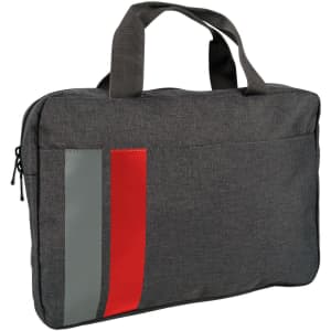 A grey satchel bag featuring red and grey accents, with dual handles and a zippered closure. It has a logo.