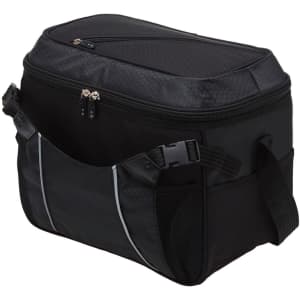 A black cooler bag with a zippered top, featuring side pockets and a textured design. It has adjustable handles.