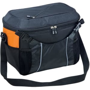 A black and orange cooler bag featuring a zippered top, side pockets, and an adjustable shoulder strap.