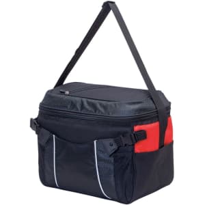 A black and red cooler bag with a shoulder strap and side mesh pockets. It features a logo on the front.