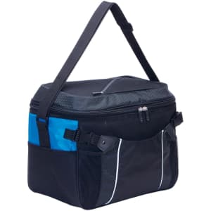 A black and blue cooler bag with a zip closure and adjustable shoulder strap, featuring side mesh pockets and a logo.