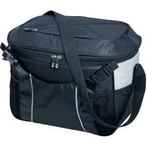 A black and grey cooler bag with a strap, featuring mesh pockets and a zippered top. It has a logo on the side.