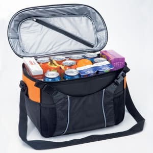 A cooler bag in black and orange filled with drinks and snacks, featuring a zippered opening and a shoulder strap.