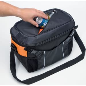 A black and orange cooler bag with a zippered opening, holding drink cans inside. It features a shoulder strap and mesh pocket.