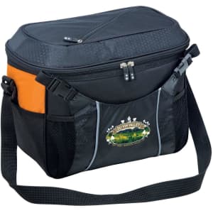 A black and orange cooler bag featuring a logo, with a zip closure and adjustable strap.