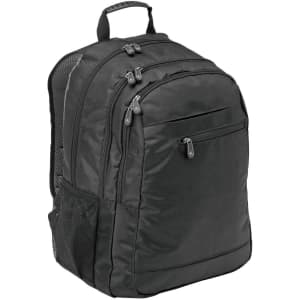 A black laptop backpack with multiple zippered compartments and mesh side pockets. It has a padded back and adjustable straps.