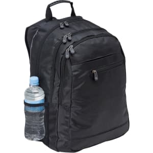 A black laptop backpack with multiple compartments and a side pocket holding a drink bottle.