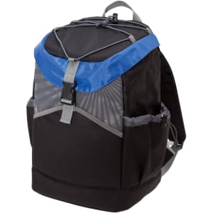A black and blue cooler backpack with a front mesh pocket and adjustable straps, featuring a logo.