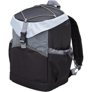 A black and grey backpack cooler with adjustable straps and a light blue flap, featuring a logo on the side.