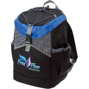 A black and blue backpack cooler with a front pocket and a logo, featuring adjustable straps and mesh side pockets.