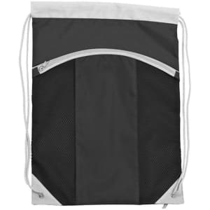 A black drawstring backpack with a grey top and mesh side pockets, featuring a logo.