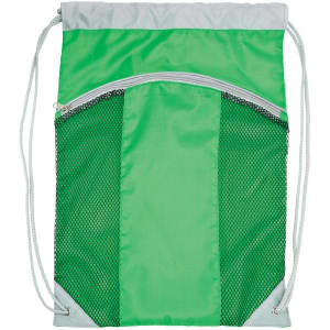 A green drawstring bag with a mesh front pocket and a zippered compartment, featuring adjustable straps.