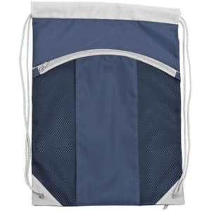 A drawstring bag in navy blue with a mesh pocket and a white top drawcord. Features a logo on the front.