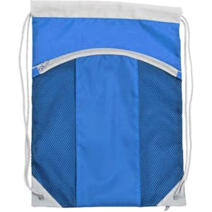 A blue drawstring bag featuring a mesh pocket and a top zipper, with a light grey trim and branding.