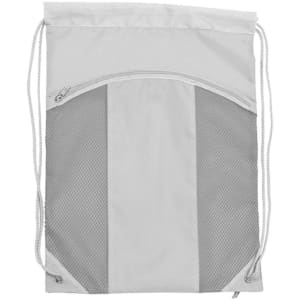 A light grey drawstring bag with a mesh pocket and a zippered compartment, featuring cords for closure.