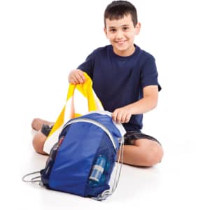 A drawstring bag in blue and yellow, held by a boy, with items visible inside. The bag features a logo.