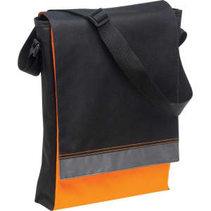 A black and orange satchel with a shoulder strap and a logo, featuring a sleek, modern design.