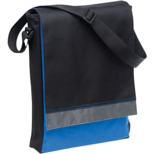 A black and blue satchel with an adjustable strap and a front flap, featuring a logo on the surface.