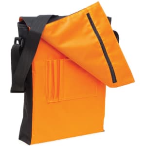 An orange and black satchel with a zippered top and front pockets, featuring a shoulder strap.