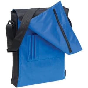 A blue and black satchel with a zippered flap and front pockets, featuring an adjustable shoulder strap.