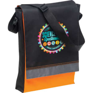 A black and orange satchel with an adjustable strap and a logo on the front.