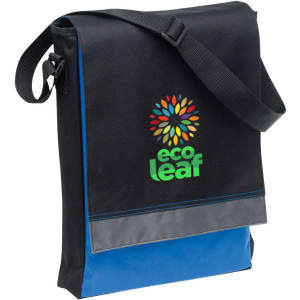 A black and blue satchel bag with a logo on the front and an adjustable shoulder strap.
