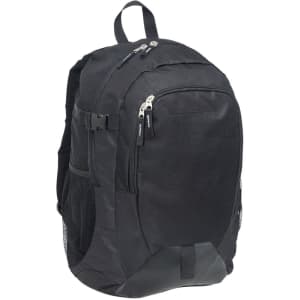 A black laptop backpack with zippered compartments and mesh side pockets. Features a logo and adjustable straps.