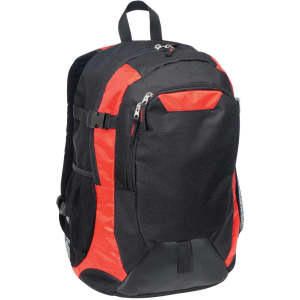 A black and red laptop backpack with multiple compartments, adjustable straps, and mesh side pockets.