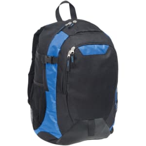 A black and blue laptop backpack featuring multiple compartments, mesh side pockets, and a logo.