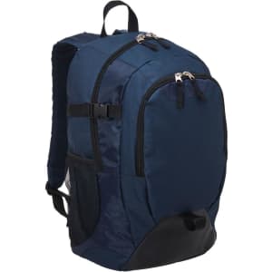 A navy blue laptop backpack with multiple compartments, zippers, and a side mesh pocket. It features a logo.