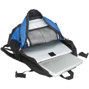 A laptop backpack in blue and black, featuring multiple compartments and a padded section for a laptop.