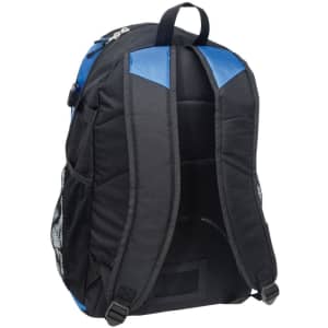 A black laptop backpack with blue accents, featuring padded straps and mesh side pockets.