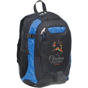 A black and blue laptop backpack featuring a logo and multiple zippered compartments along with mesh side pockets.
