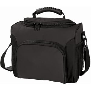 A black cooler bag with a zippered top, a handle, and side mesh pockets, featuring a logo.