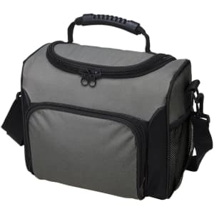 A grey cooler bag with a zip closure, carrying handle, and adjustable shoulder strap, featuring a mesh pocket on the side.