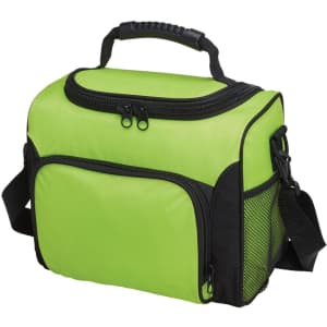 A green cooler bag with a sturdy handle, adjustable strap, and zippered compartments. It features a mesh pocket on the side.