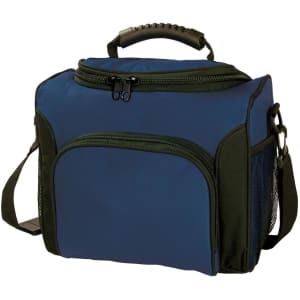 A blue and black cooler bag with a zip closure, carrying handle, and adjustable shoulder strap. Features a logo.