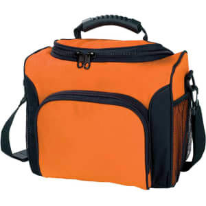 An orange cooler bag with black accents, featuring a zippered top, front pocket, and adjustable shoulder strap.