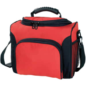A red cooler bag with black accents, featuring a handle, shoulder strap, and outer pockets.