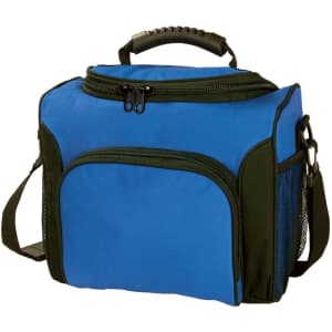 A blue cooler bag features a zippered top, a front pocket, and a removable shoulder strap. It has a handle and includes branding.