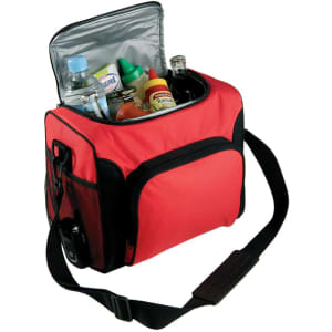 A red cooler bag with a black trim, holding various drinks and condiments inside. It features a shoulder strap and a logo.