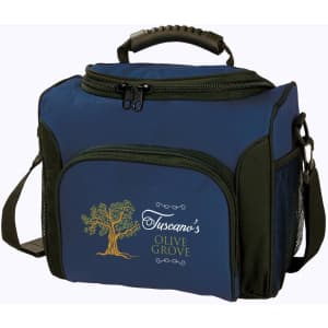 A blue and black cooler bag with a zippered top, featuring a logo on the front and a side mesh pocket.
