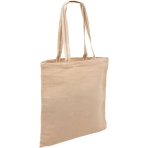 A jute tote bag in a natural beige colour, featuring two sturdy handles and an unbranded exterior.