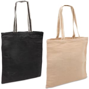 Two eco jute tote bags in black and natural beige, each with two sturdy handles and a logo on one side.