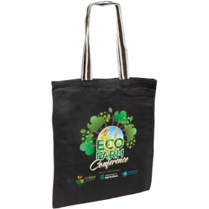 A black eco jute tote bag with leaf designs and a logo, featuring long, striped straps.