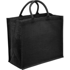 A black eco jute tote bag with a wide gusset and sturdy handles. It features a plain design without visible branding.