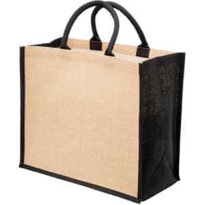 A jute tote bag with a wide gusset, featuring a natural beige body and black accents, and two sturdy handles.