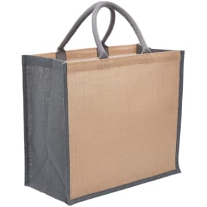 A jute tote bag in natural and grey, featuring a wide gusset and dual handles, with a logo visible.