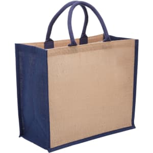A jute tote bag with a wide gusset, featuring a natural and navy blue colour scheme and sturdy handles.
